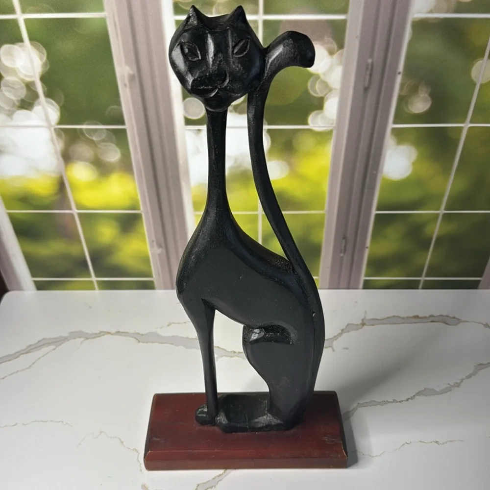 Handcrafted artisan woodentall thin Black Cat Sculpture - Picture 3 of 14
